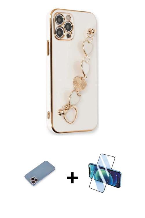 iPhone 12 Pro Max Kılıf Nova Işık Prime - Siyah 3D Antistatik Cam Ekran Koruyucu + Pembe Shine
