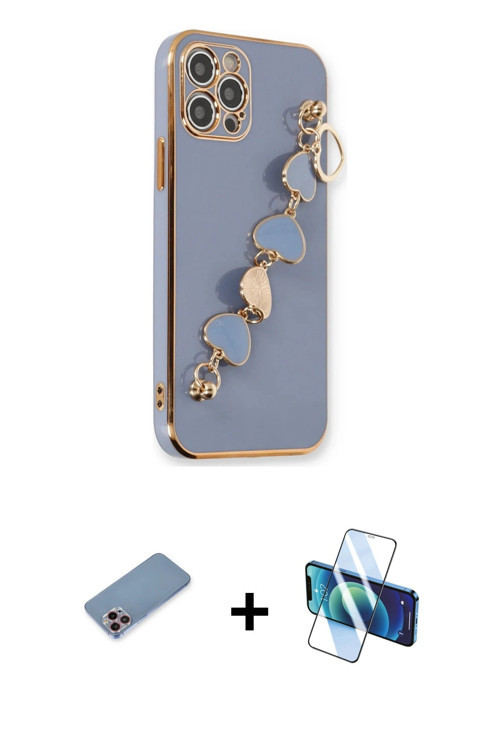 iPhone 12 Pro Max Kılıf Nova Işık Prime - Siyah 3D Antistatik Cam Ekran Koruyucu + Pembe Shine