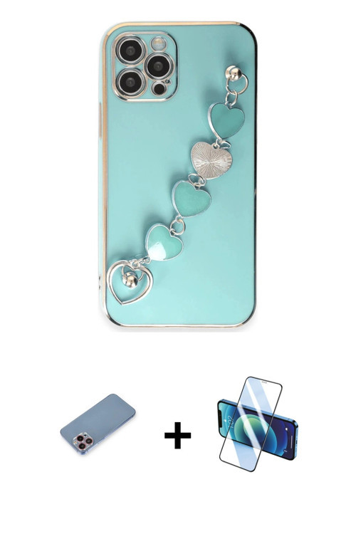 iPhone 12 Pro Max Kılıf Nova Işık Prime - Siyah 3D Antistatik Cam Ekran Koruyucu + Pembe Shine