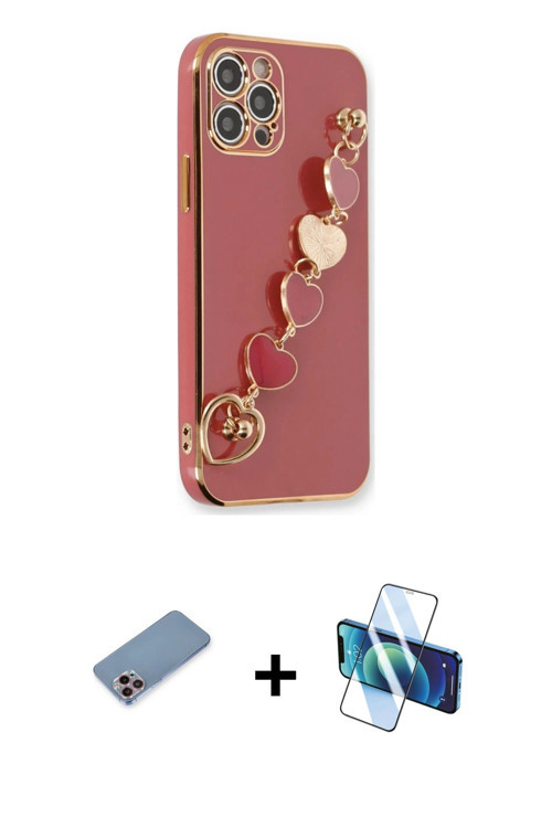 iPhone 12 Pro Max Kılıf Nova Işık Prime - Siyah 3D Antistatik Cam Ekran Koruyucu + Pembe Shine