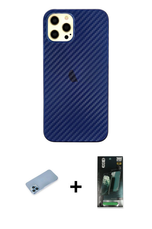 iPhone 12 Pro Max Kılıf Nova Çizgi - Şeffaf 360 Full Body Arka Koruyucu + Mavi Shine Kamera Len