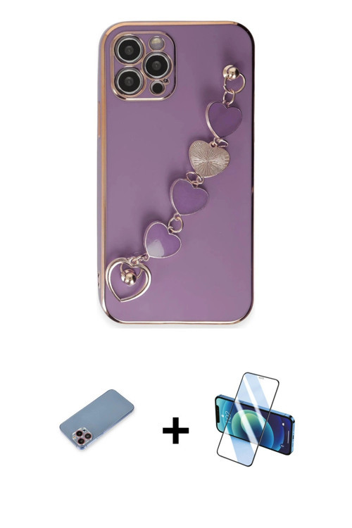 iPhone 12 Pro Max Kılıf Nova Işık Prime - Siyah 3D Antistatik Cam Ekran Koruyucu + Pembe Shine