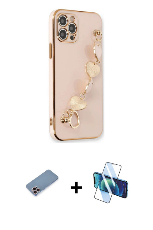 iPhone 12 Pro Max Kılıf Nova Işık Prime - Siyah 3D Antistatik Cam Ekran Koruyucu + Pembe Shine