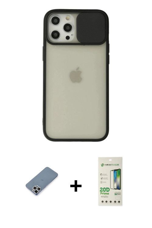 iPhone 12 Pro Max Kılıf Vadi Çizgi - Siyah 20D Premium Cam Ekran Koruyucu + Gümüş Metal Kamera