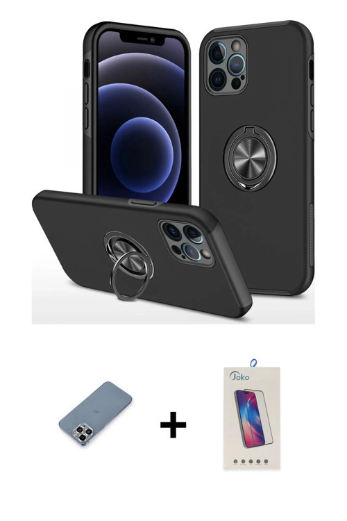 iPhone 12 Pro Max Kılıf Odak Form Prime - Siyah Joko 5D Cam + Gümüş Metal Kamera Lens Koruma Ca