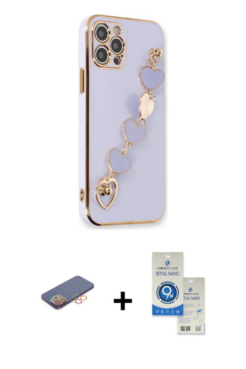 iPhone 12 Pro Max Kılıf Nova Işık Prime - Şeffaf Royal Nano Ekran Koruyucu + Turuncu Renkli Kam