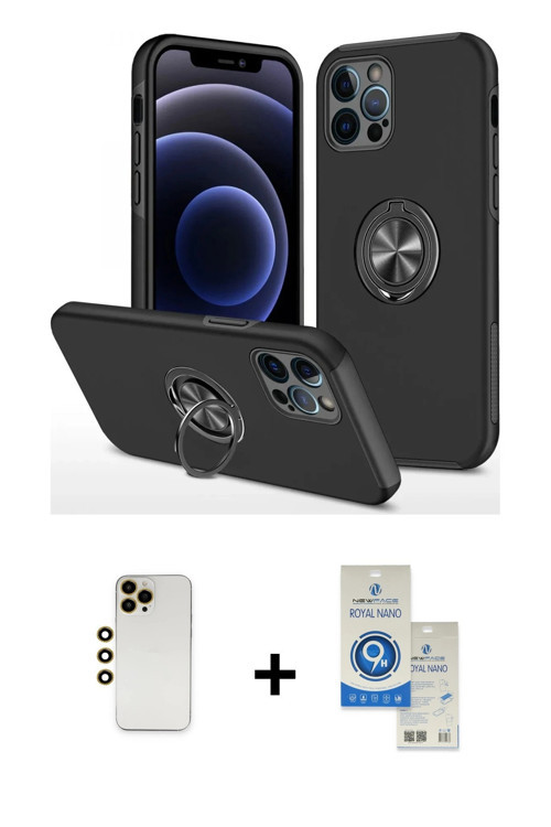 iPhone 12 Pro Max Kılıf Odak Form Prime - Şeffaf Royal Nano Ekran Koruyucu + Gold Shine Kamera
