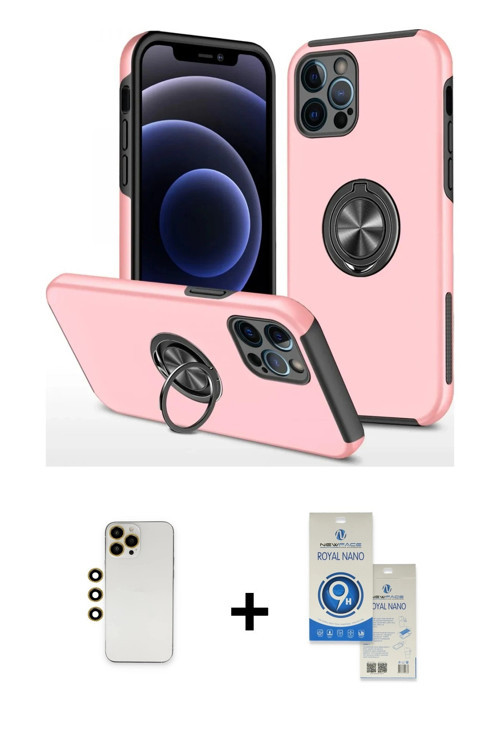 iPhone 12 Pro Max Kılıf Odak Form Prime - Şeffaf Royal Nano Ekran Koruyucu + Gold Shine Kamera
