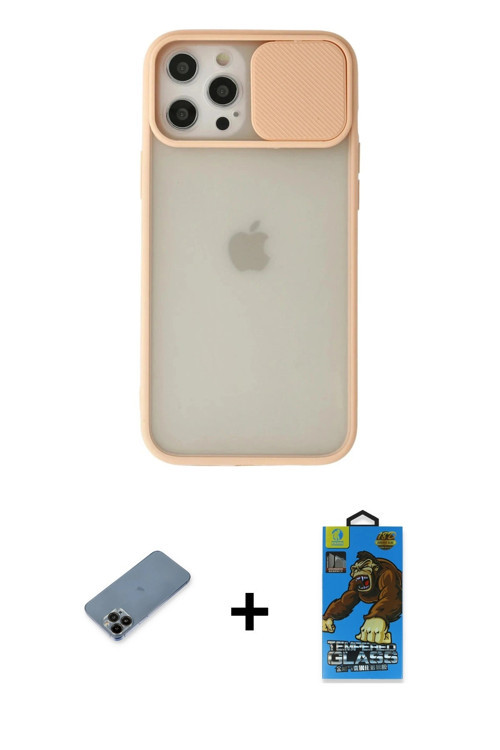 iPhone 12 Pro Max Kılıf Vadi Çizgi - Siyah 18D Cam Ekran Koruyucu + Siyah Shine Kamera Lens Kor