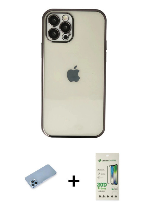 iPhone 12 Pro Max Kılıf Vadi Minimal - Siyah 20D Premium Cam Ekran Koruyucu + Mavi Shine Kamera