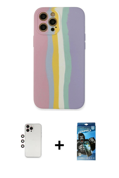 iPhone 12 Pro Max Kılıf Yadigar Çizgi - Siyah 34D Izgaralı Cam + Gökkuşağı Shine Kamera Lens