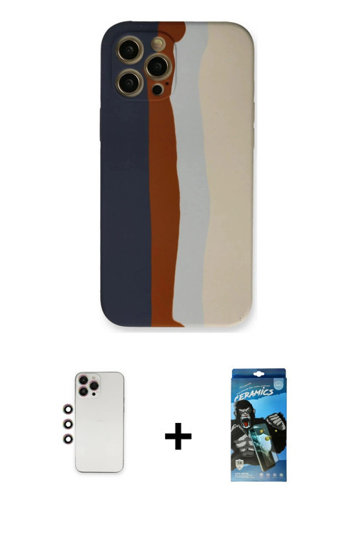 iPhone 12 Pro Max Kılıf Yadigar Çizgi - Siyah 34D Izgaralı Cam + Gökkuşağı Shine Kamera Lens