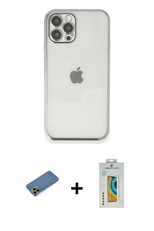 iPhone 12 Pro Max Kılıf Vadi Minimal - Siyah Polymer Nano Ekran Koruyucu + Gold Shine Kamera Le