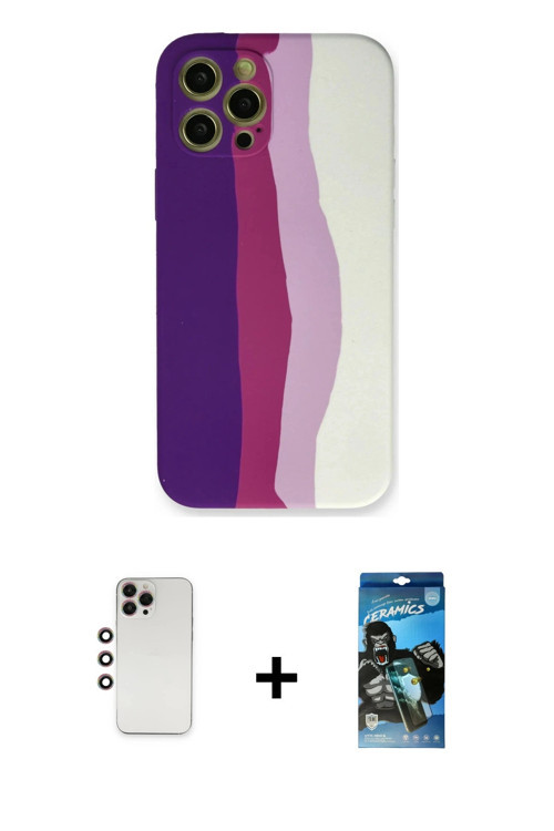 iPhone 12 Pro Max Kılıf Yadigar Çizgi - Siyah 34D Izgaralı Cam + Gökkuşağı Shine Kamera Lens