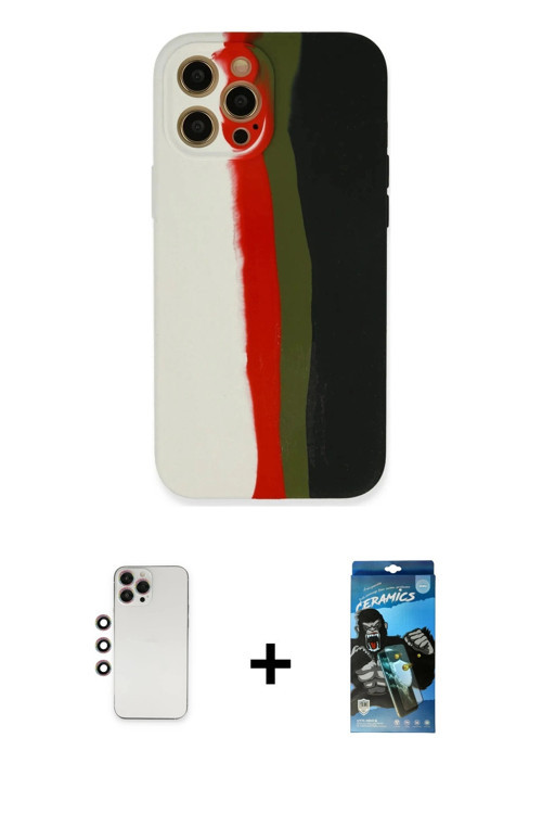 iPhone 12 Pro Max Kılıf Yadigar Çizgi - Siyah 34D Izgaralı Cam + Gökkuşağı Shine Kamera Lens