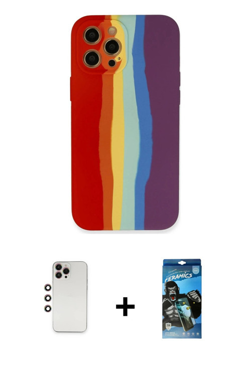 iPhone 12 Pro Max Kılıf Yadigar Çizgi - Siyah 34D Izgaralı Cam + Gökkuşağı Shine Kamera Lens