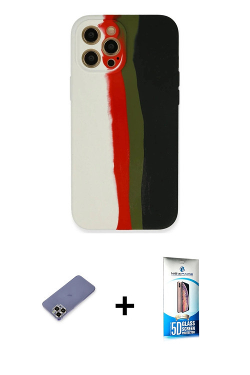 iPhone 12 Pro Max Kılıf Yadigar Çizgi - Siyah 5D Eko Cam Ekran Koruyucu + Gold Metal Kamera Len