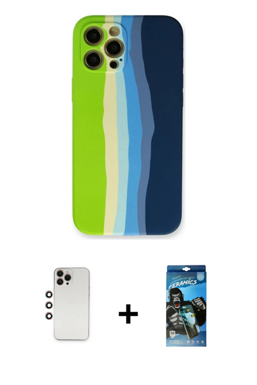 iPhone 12 Pro Max Kılıf Yadigar Çizgi - Siyah 34D Izgaralı Cam + Gökkuşağı Shine Kamera Lens