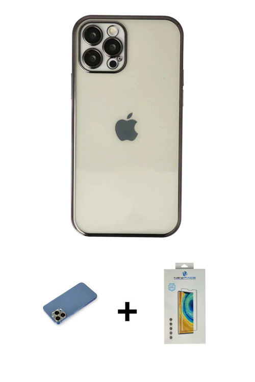 iPhone 12 Pro Max Kılıf Vadi Minimal - Siyah Polymer Nano Ekran Koruyucu + Gold Shine Kamera Le