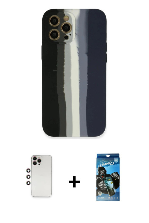 iPhone 12 Pro Max Kılıf Yadigar Çizgi - Siyah 34D Izgaralı Cam + Gökkuşağı Shine Kamera Lens