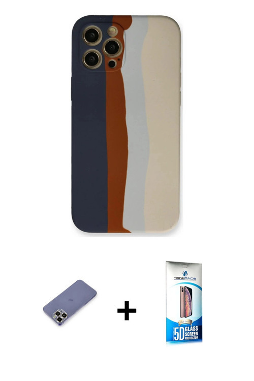 iPhone 12 Pro Max Kılıf Yadigar Çizgi - Siyah 5D Eko Cam Ekran Koruyucu + Gold Metal Kamera Len