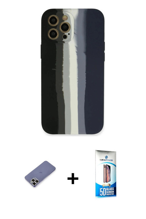 ieg™ iPhone 12 Pro Max Kılıf Yadigar Çizgi - Siyah 5D Eko Cam Ekran Koruyucu + Gold Metal Kamera Len