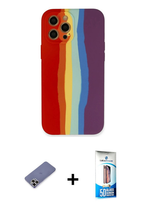 iPhone 12 Pro Max Kılıf Yadigar Çizgi - Siyah 5D Eko Cam Ekran Koruyucu + Gold Metal Kamera Len