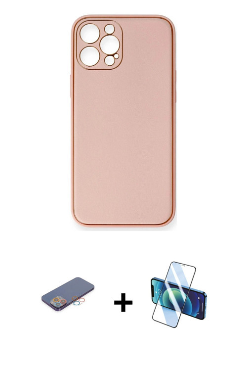 iPhone 12 Pro Max Kılıf Yadigar Klasik - Siyah 3D Antistatik Cam Ekran Koruyucu + Pembe Renkli
