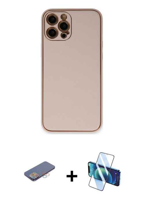 iPhone 12 Pro Max Kılıf Yadigar Klasik - Siyah 3D Antistatik Cam Ekran Koruyucu + Pembe Renkli