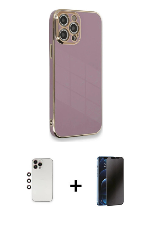 iPhone 12 Pro Max Kılıf Yankı Serisi - Siyah 3D Antistatik Hayalet Cam Ekran Koruyucu + Gökkuşa
