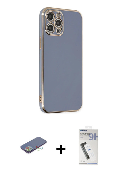 iPhone 12 Pro Max Kılıf Yankı Serisi - Şeffaf Uv Polymer Nano Ekran Koruyucu + Mavi Renkli Kame