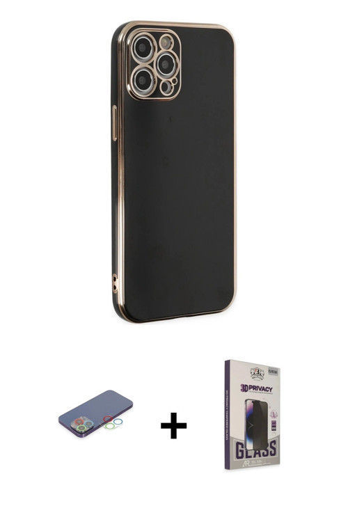 iPhone 12 Pro Max Kılıf Yankı Serisi - Siyah Bilvis Hayalet Cam Ekran Koruyucu + Mavi Renkli Ka