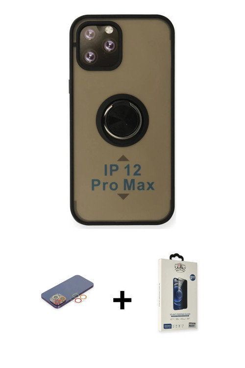 iPhone 12 Pro Max Kılıf Yörünge Çizgi - Siyah Bilvis Hayalet Cam Ekran Koruyucu + Turuncu Renkl