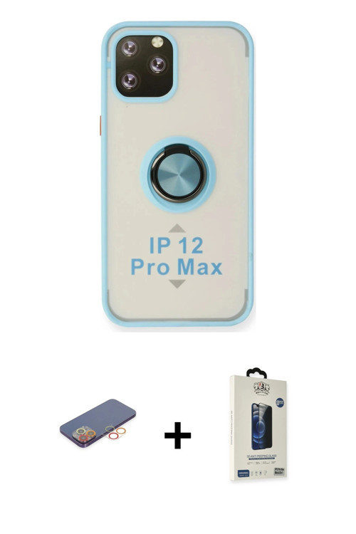 ieg™ iPhone 12 Pro Max Kılıf Yörünge Çizgi - Siyah Bilvis Hayalet Cam Ekran Koruyucu + Turuncu Renkl
