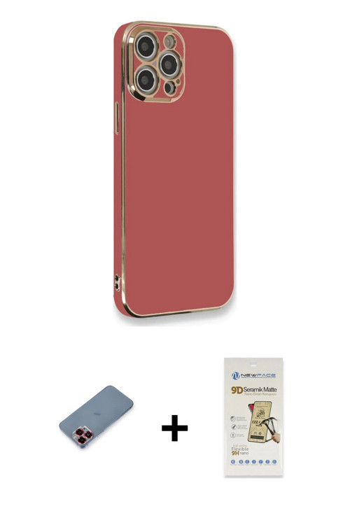 iPhone 12 Pro Max Kılıf Yankı Serisi - Siyah Mat Seramik Nano Ekran Koruyucu + Kırmızı Metal Ka