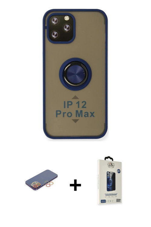 iPhone 12 Pro Max Kılıf Yörünge Çizgi - Siyah Bilvis Hayalet Cam Ekran Koruyucu + Turuncu Renkl