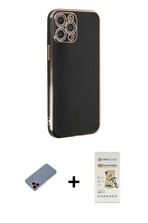 iPhone 12 Pro Max Kılıf Yankı Serisi - Siyah Mat Seramik Nano Ekran Koruyucu + Kırmızı Metal Ka