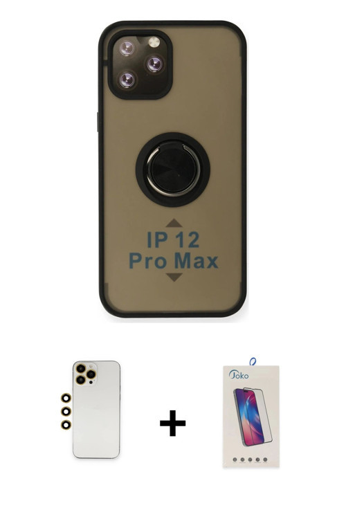 iPhone 12 Pro Max Kılıf Yörünge Çizgi - Siyah Joko 5D Cam + Gold Shine Kamera Lens