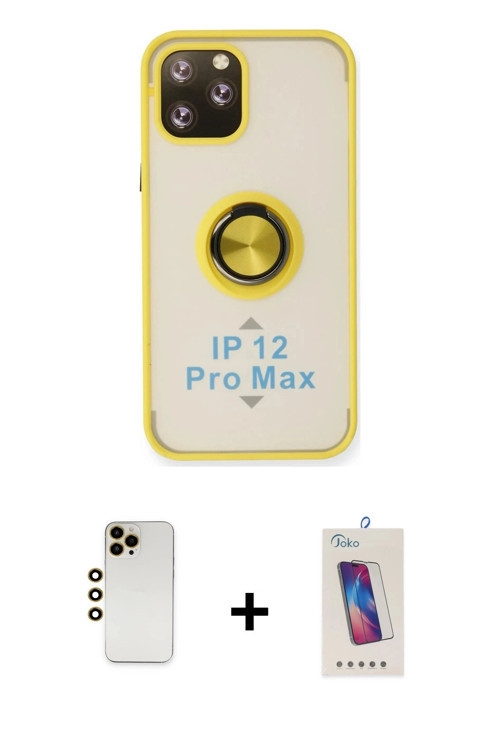 iPhone 12 Pro Max Kılıf Yörünge Çizgi - Siyah Joko 5D Cam + Gold Shine Kamera Lens