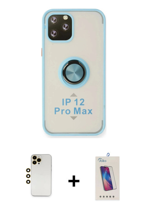 iPhone 12 Pro Max Kılıf Yörünge Çizgi - Siyah Joko 5D Cam + Gold Shine Kamera Lens