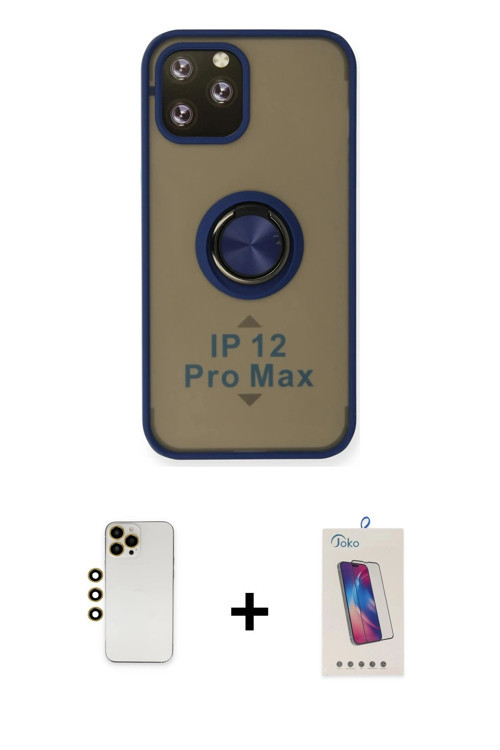 iPhone 12 Pro Max Kılıf Yörünge Çizgi - Siyah Joko 5D Cam + Gold Shine Kamera Lens