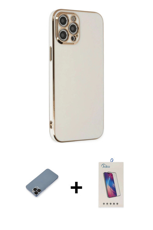 iPhone 12 Pro Max Kılıf Yankı Serisi - Siyah Joko 5D Cam + Siyah Metal Kamera Lens Koruma Cam