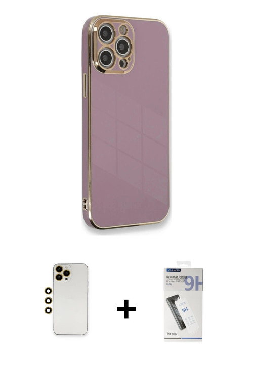 iPhone 12 Pro Max Kılıf Yankı Serisi - Şeffaf Uv Polymer Nano Ekran Koruyucu + Gold Shine Kamer