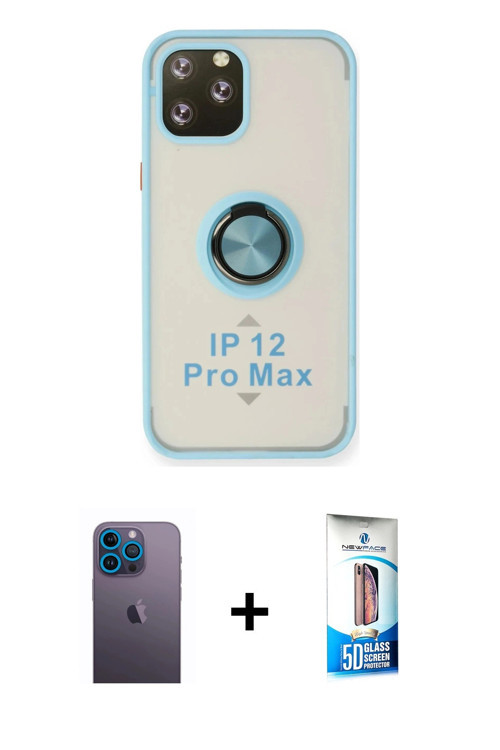 iPhone 12 Pro Max Kılıf Yörünge Çizgi - Siyah 5D Eko Cam Ekran Koruyucu + Mavi Neon Fosforlu Ka