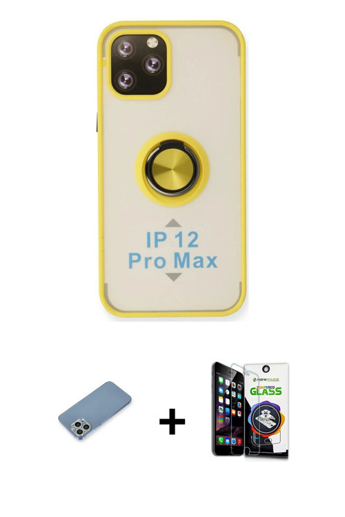 iPhone 12 Pro Max Kılıf Yörünge Çizgi - Şeffaf Temperli Cam Ekran Koruyucu + Gümüş Shine Kamera
