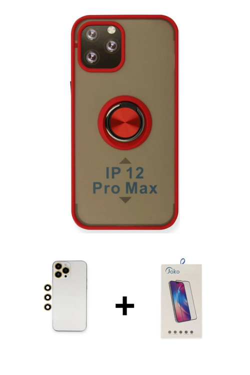 iPhone 12 Pro Max Kılıf Yörünge Çizgi - Siyah Joko 5D Cam + Gold Shine Kamera Lens