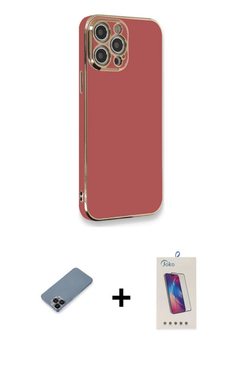 iPhone 12 Pro Max Kılıf Yankı Serisi - Siyah Joko 5D Cam + Siyah Metal Kamera Lens Koruma Cam