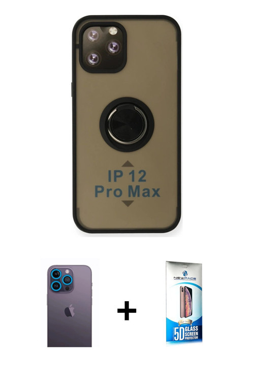 iPhone 12 Pro Max Kılıf Yörünge Çizgi - Siyah 5D Eko Cam Ekran Koruyucu + Mavi Neon Fosforlu Ka