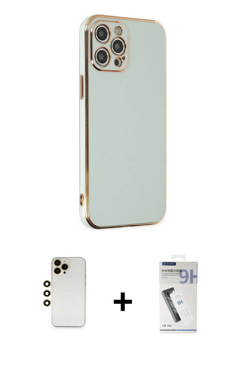 iPhone 12 Pro Max Kılıf Yankı Serisi - Şeffaf Uv Polymer Nano Ekran Koruyucu + Gold Shine Kamer