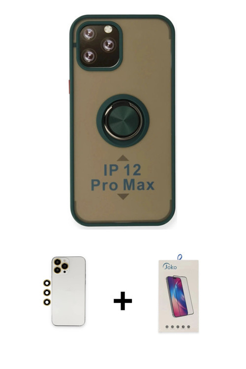 iPhone 12 Pro Max Kılıf Yörünge Çizgi - Siyah Joko 5D Cam + Gold Shine Kamera Lens